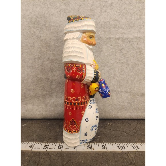 Russian Hand Carved Wood Santa Figurine Gzhel Khokhloma Sergiev